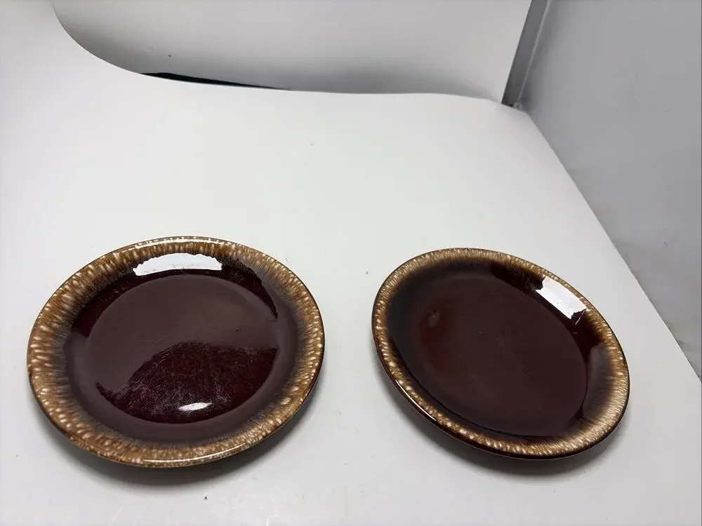 Two Vintage Brown Drip Glaze Dinner Plates 7.5” USA Pottery